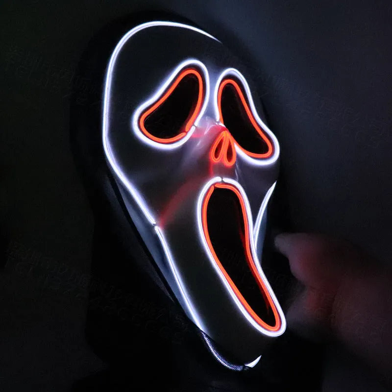 White plastic scary skull LED glowing screaming mask with ice blue light for Halloween party