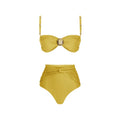 Yellow and green women's high waist split swimsuit bikini set with skirt on mannequin