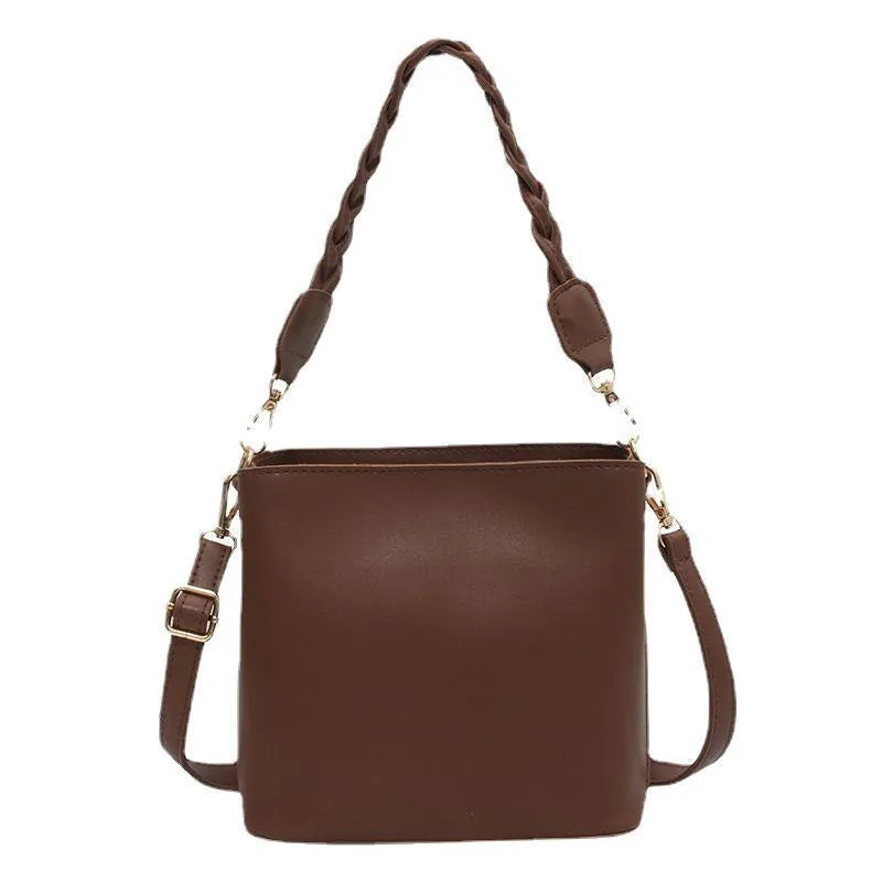 Retro woven crossbody bucket bag in PU leather with one-shoulder strap