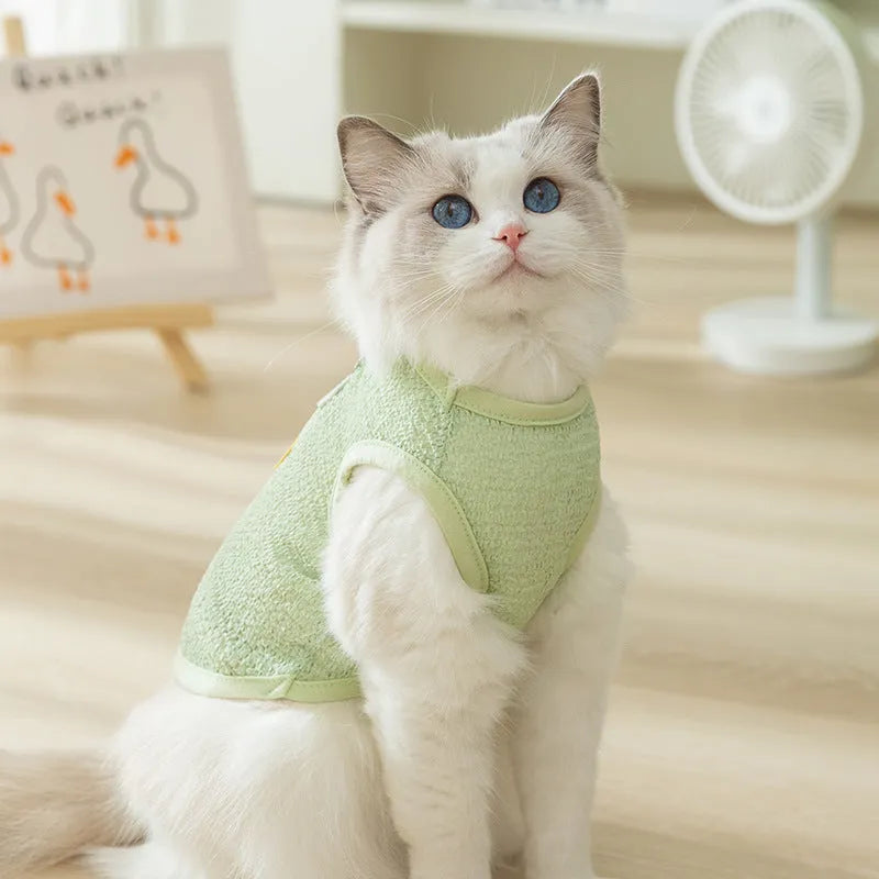 Breathable knitted cat clothing with a hollowed-out cartoon bear patch in blue