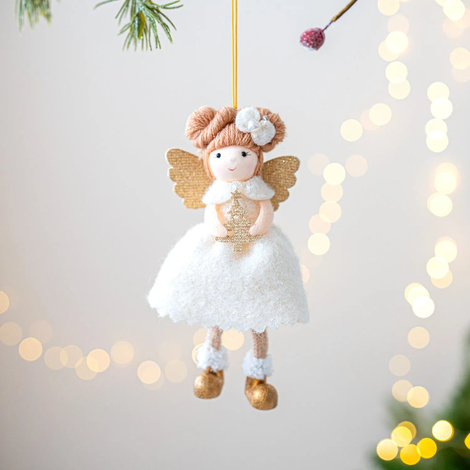 Pink and white cloth Christmas angel wings plush pendant with modern design for tree decoration