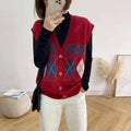 Diamond plaid pattern sleeveless cardigan top in khaki colour