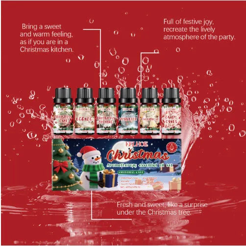 Christmas aromatherapy oil set showing six 60ml bottles with warm home scents for festive air freshening