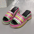 Women's wedge sandals with colourful wave print and fish mouth toe on thick rubber sole