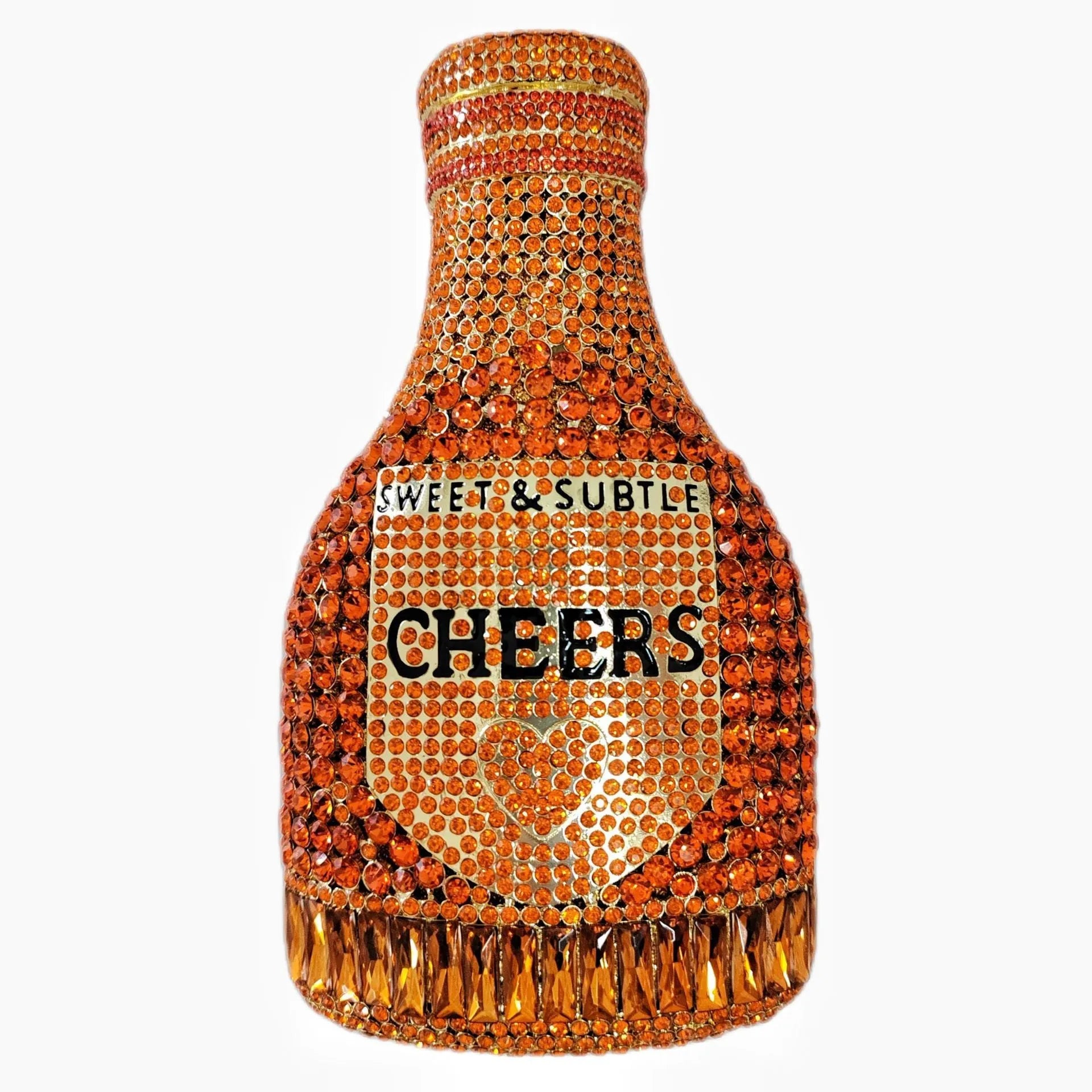 Gold rhinestone champagne bottle shaped evening clutch bag with wrist strap on a dark background.