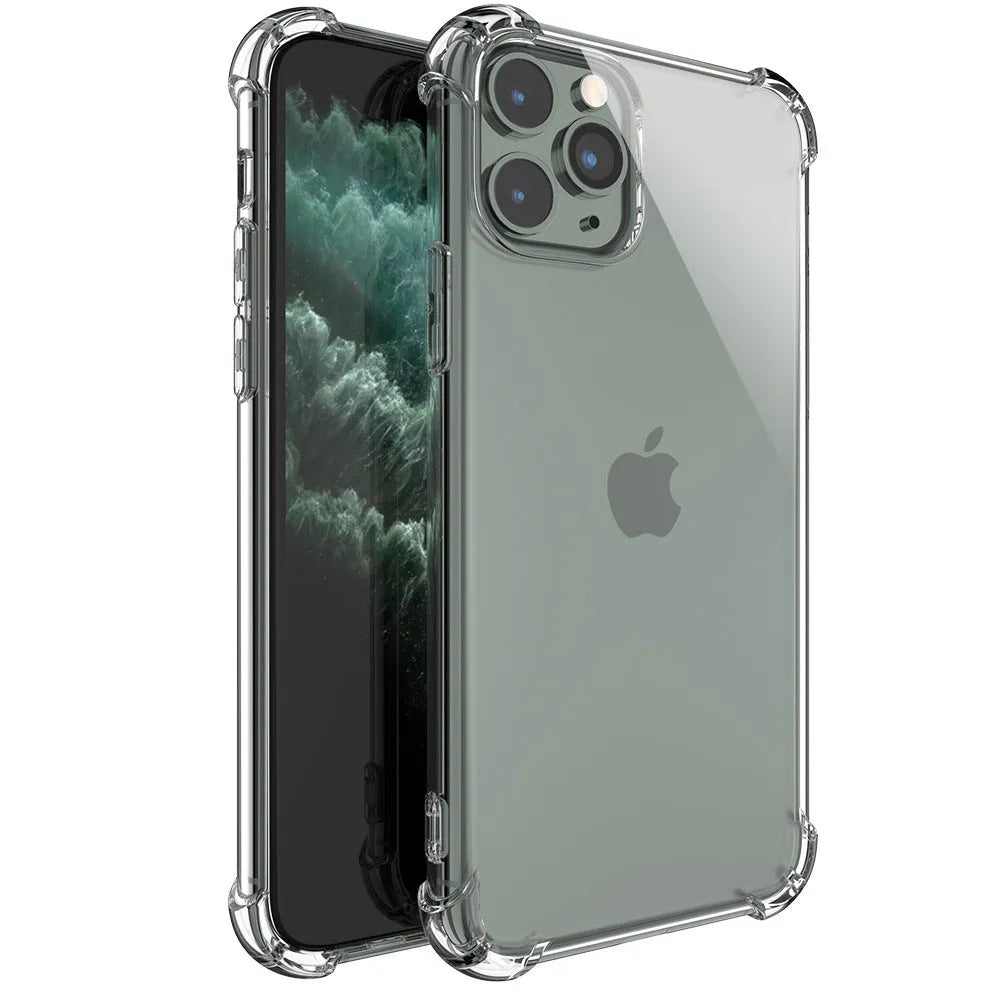 Clear transparent shockproof TPU phone case shown on an iPhone displaying precise button cutouts and port access