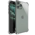 Clear transparent shockproof TPU phone case shown on an iPhone displaying precise button cutouts and port access