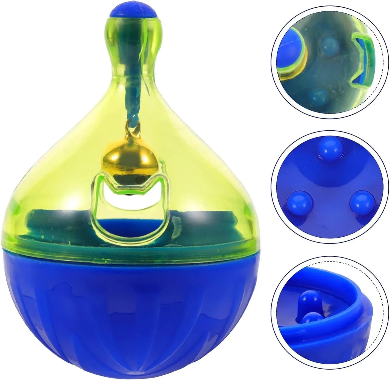 Blue and white durable pet treat dispenser tumbler toy for dogs and cats on a wooden floor.
