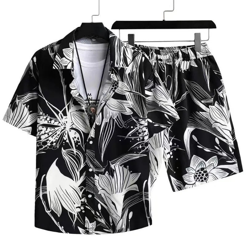 Men's short sleeve cardigan and shorts casual suit set with digital printing