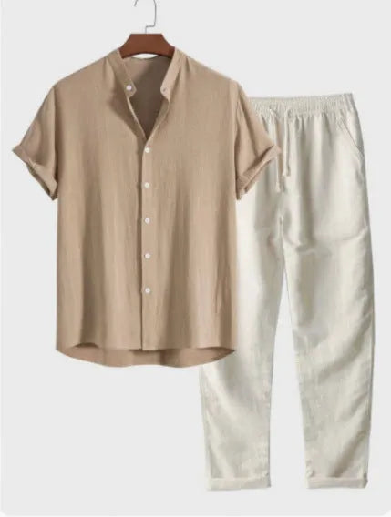 Men's loose fit linen blend short sleeve shirt and trousers casual suit set on a hanger.