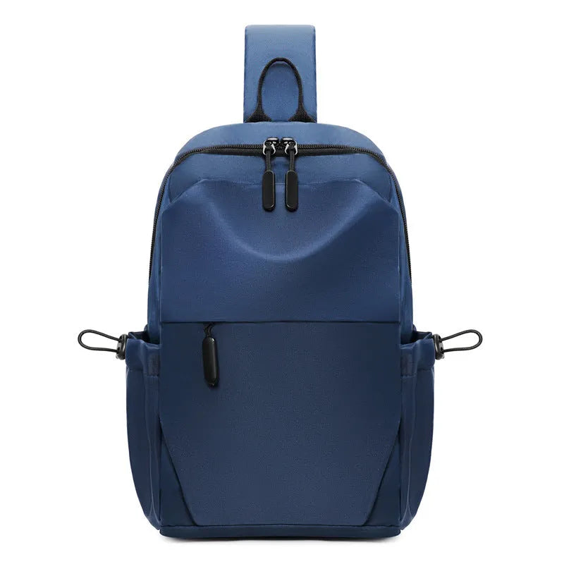 Men's grey lightweight chest bag showing front compartment and adjustable shoulder strap.