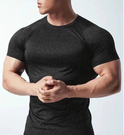 Men's polyester quick-dry stretch t-shirt in black, grey, green or pink colour options