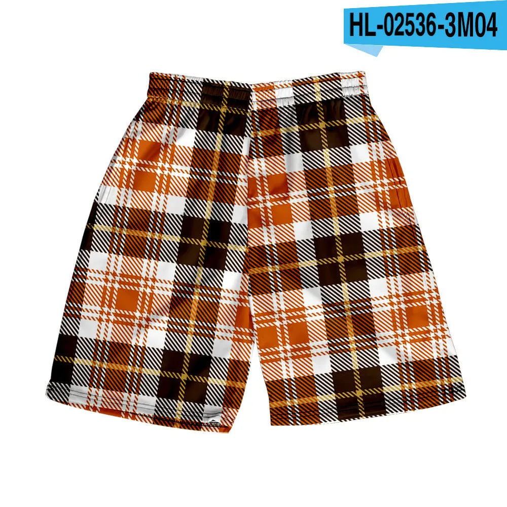 Men's plaid polyester shorts with elastic waistband in straight cut design