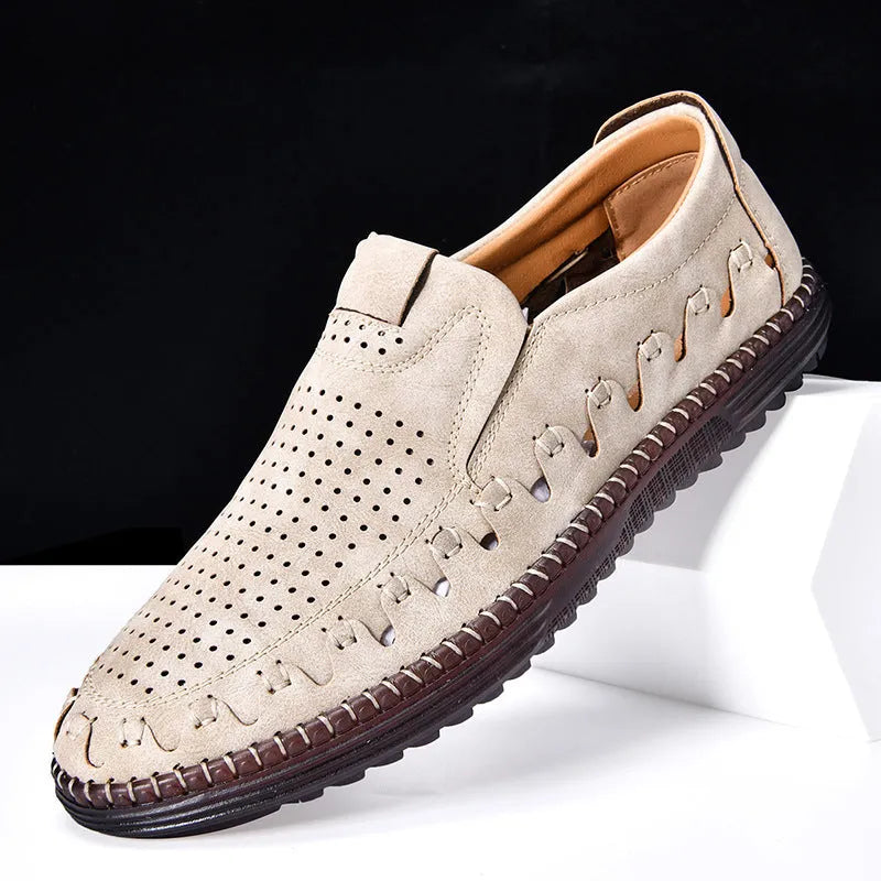 Men's brown slip-on casual shoes with artificial PU upper and visible sewing construction around PVC sole