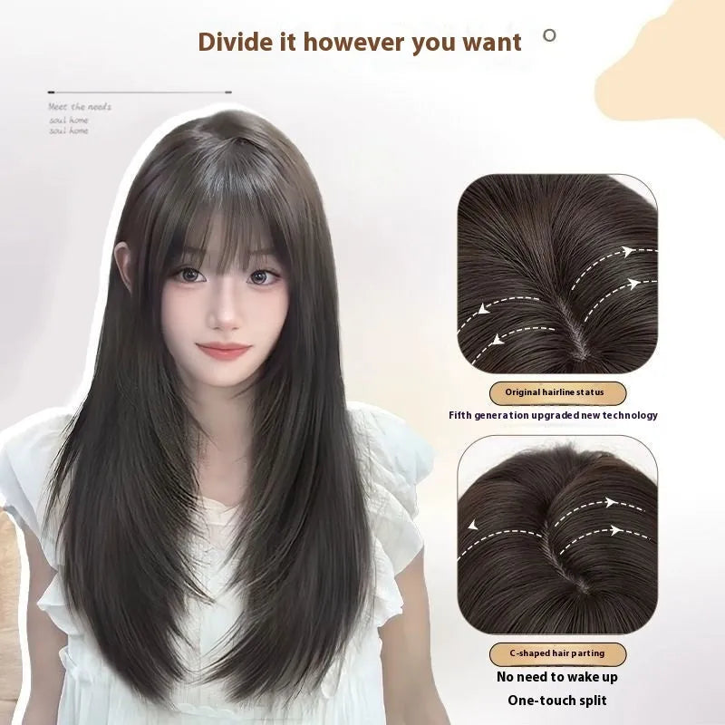 Black long straight full-head wig with high-layered cut and brown-black highlights in bangs and middle sections