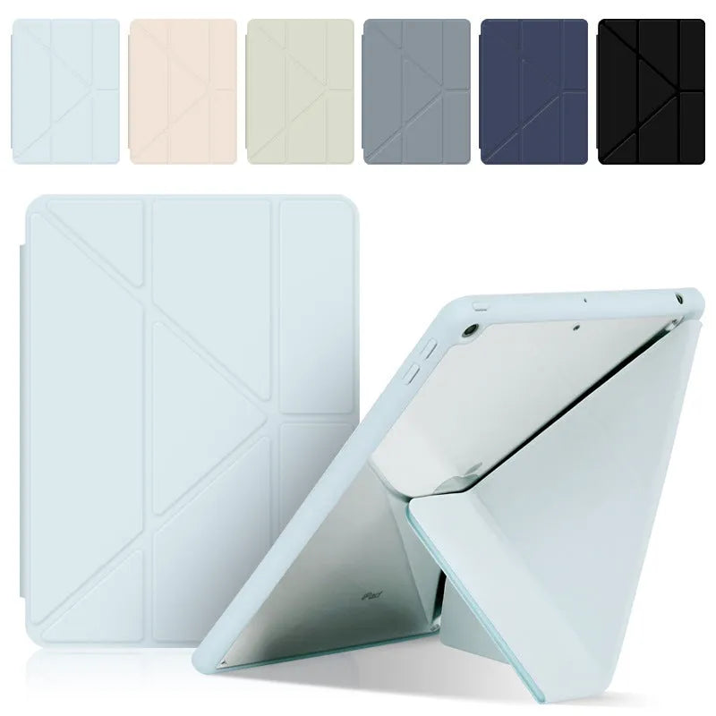 Acrylic Y folding iPad protective case in dark grey showing folding stand and built-in pen slot