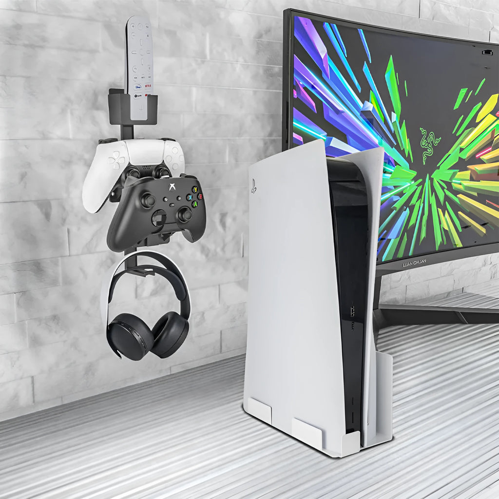 White ABS plastic wall hook holding a game controller and a black gaming headset.