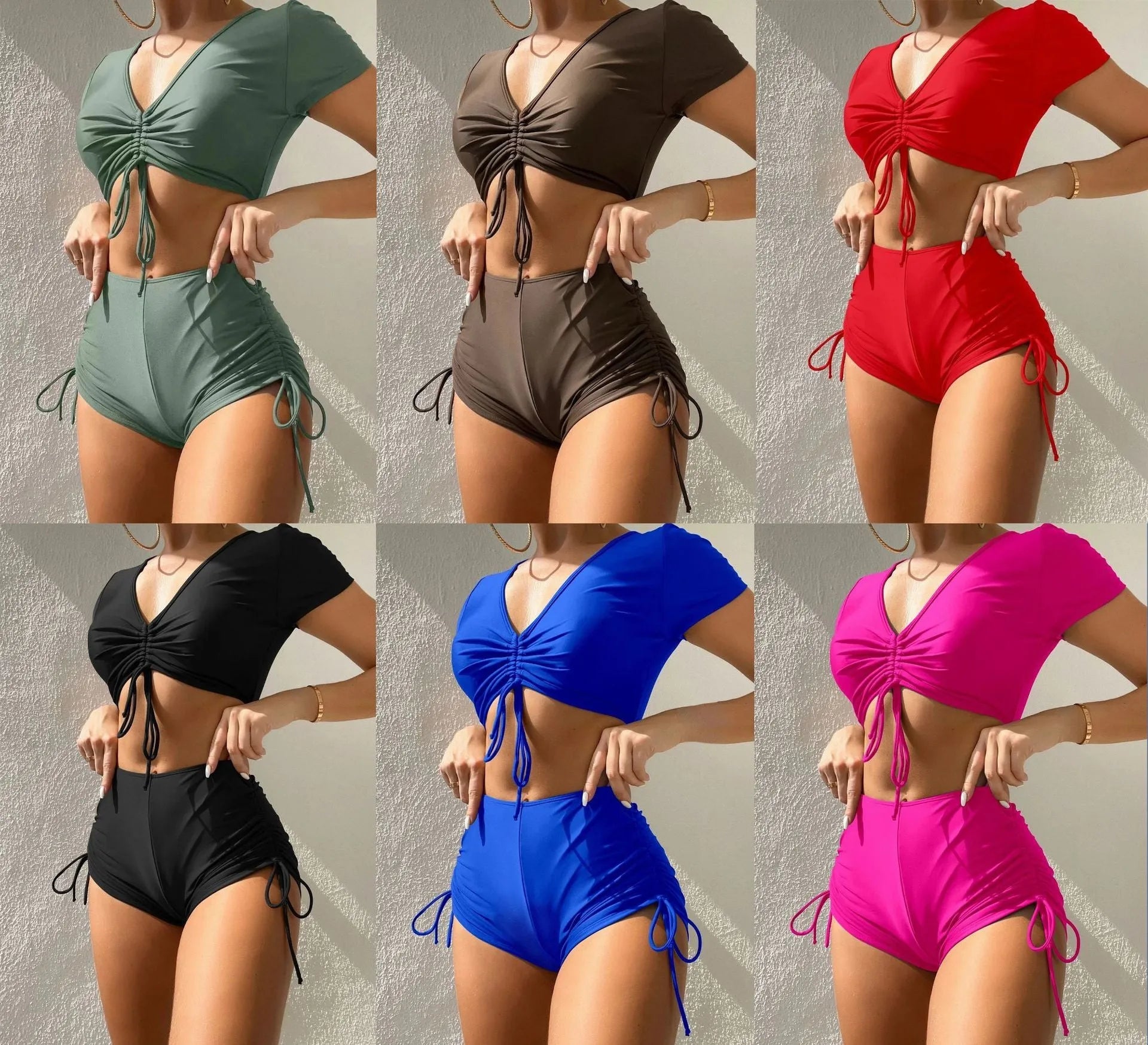 Women's lace-up bow swimsuit two-piece set with high-waisted shorts in polyester material