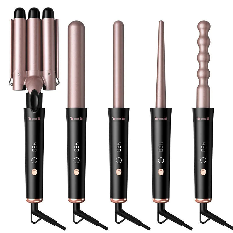 Rose gold hair curler with five tube attachments and LCD screen display