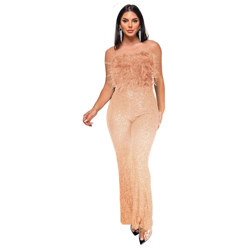 Women's sleeveless backless jumpsuit with flared legs and sequin collar in a selection of colours.