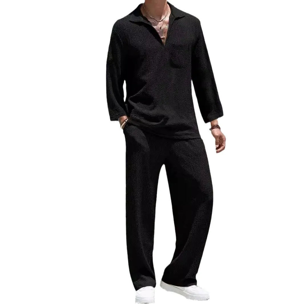 Men's casual shirt trousers suit in polyester fabric available in four colours for autumn leisure wear