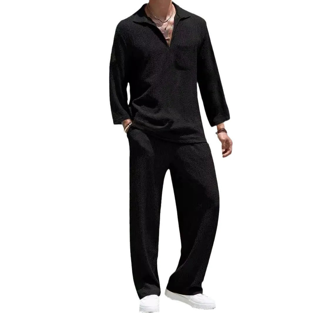 Men's casual shirt trousers suit in polyester fabric available in four colours for autumn leisure wear
