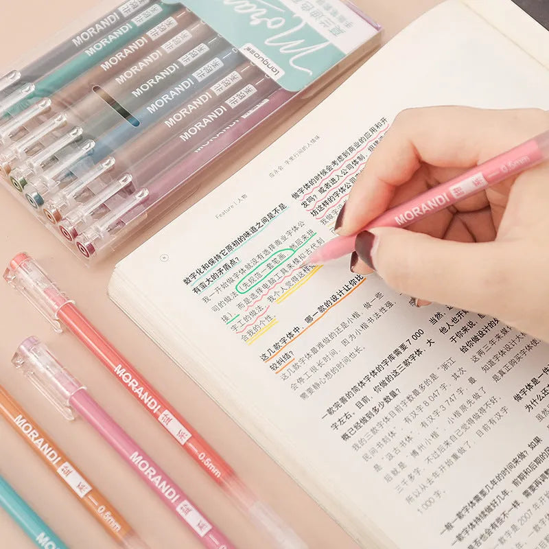 Set of nine Japanese-style colour gel pens with 0.5mm needle tips, showing retro and solid colour designs.