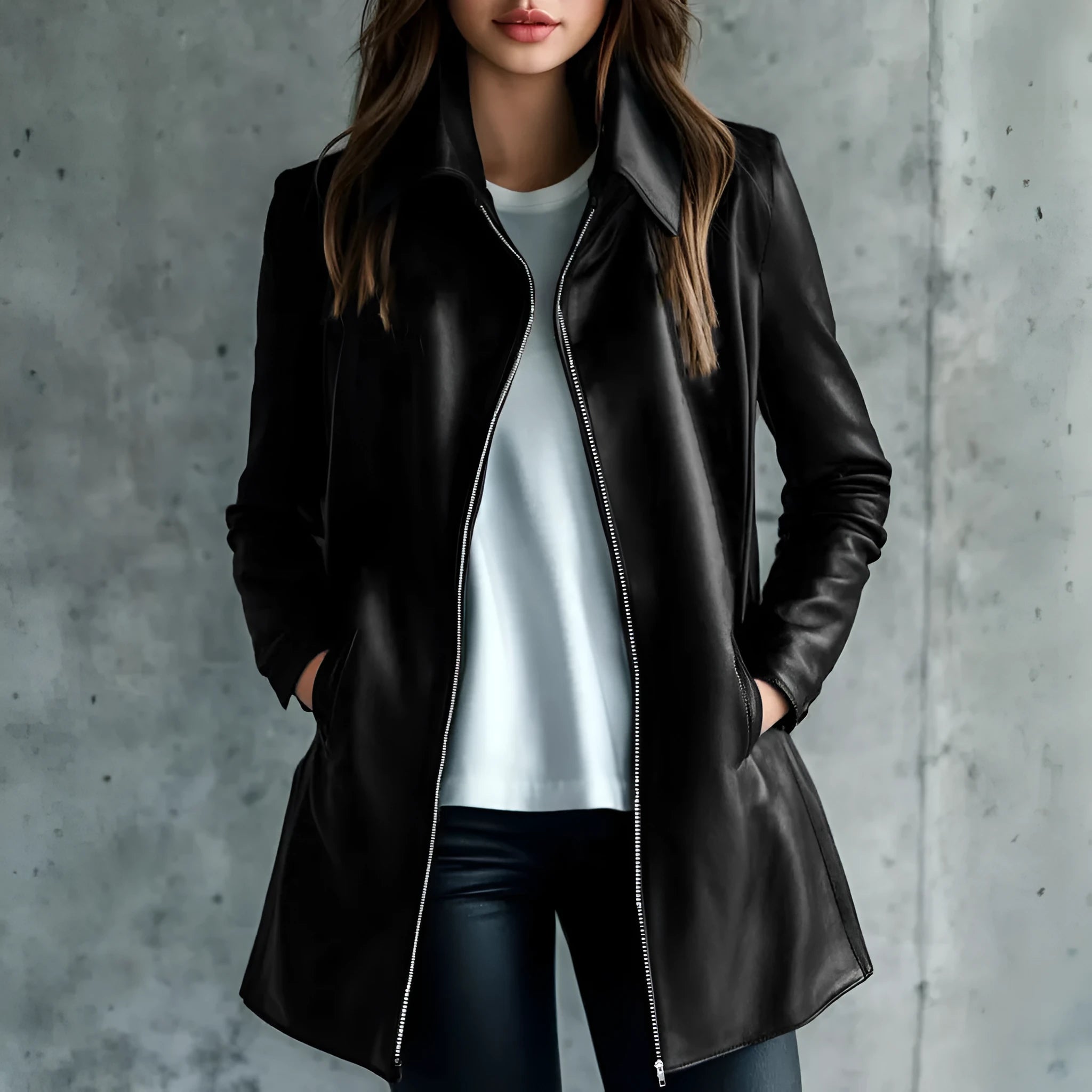 Women's black leather-style jacket with a medium 65cm length and long sleeves.