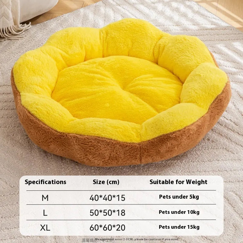 A thick round rabbit plush cat bed with a removable washable cover, shown in a brown grey colour.