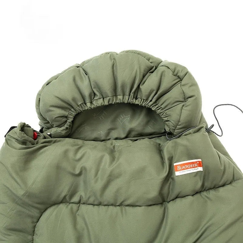 Cotton camping sleeping bag quilt shown in ochre and olive green colour options