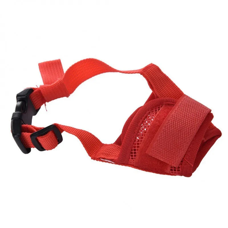 Adjustable plastic dog muzzle in assorted colours on a size chart showing measurements from 12cm to 34cm.