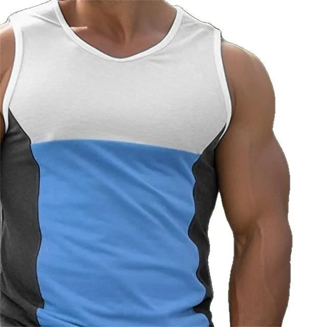 Men's blue contrast panel sports vest for running, showing front design.