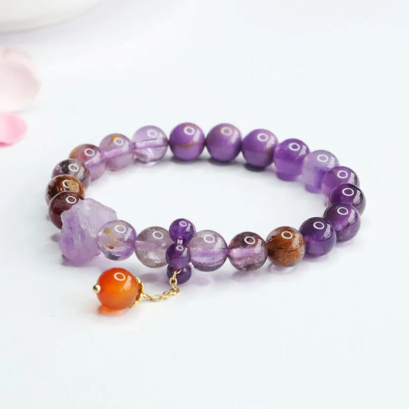 Natural nine purple crystal bracelet with amethyst beads and red agate stones in Mori style