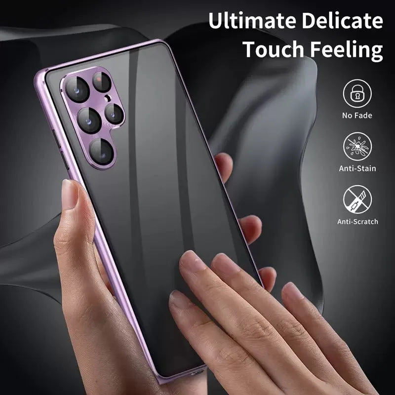 Samsung S24 Ultra magnetic phone case in multiple colours showing peep-proof mirror and metal construction.