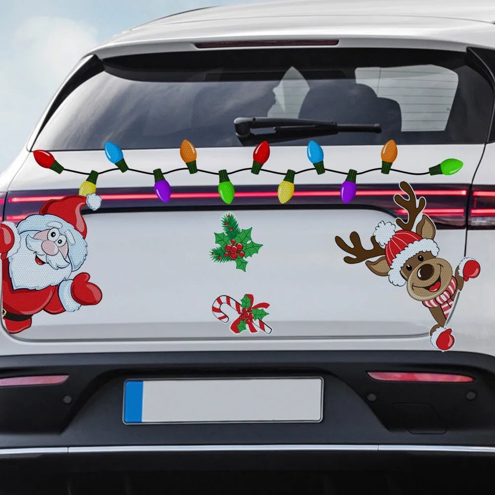 Cartoon-style Christmas elk reflective magnetic sticker on a glass surface.