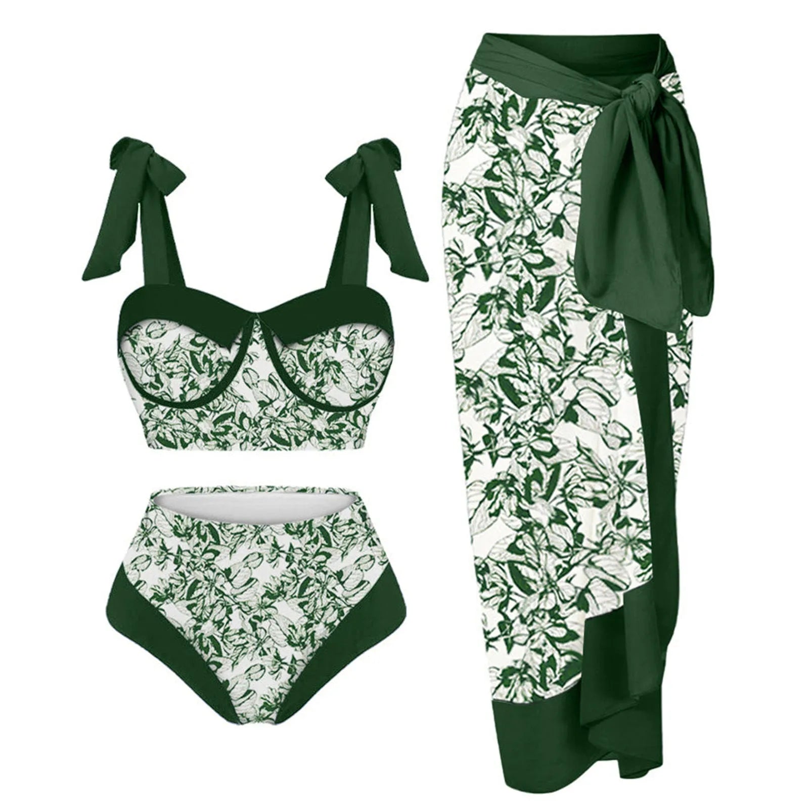 Women's printing split swimsuit three-piece set in a blue flower pattern, showing skirt, bra, and panties.