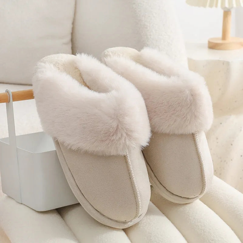 Women's brown plush indoor slippers with round toe design and non-slip PVC soles