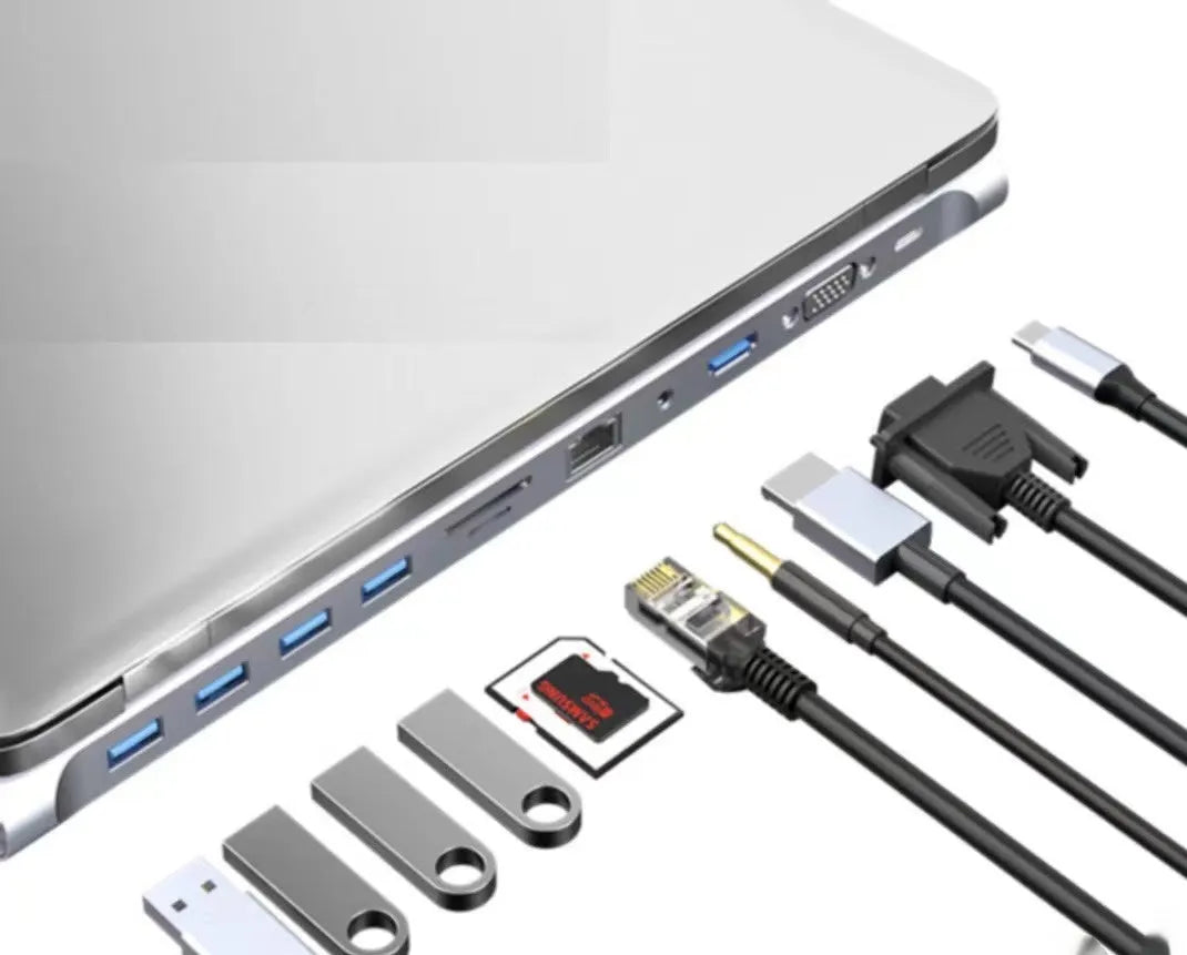 USB-C 7-in-1 expansion dock with HDMI port, USB 3.0 ports, and card readers connected to laptop