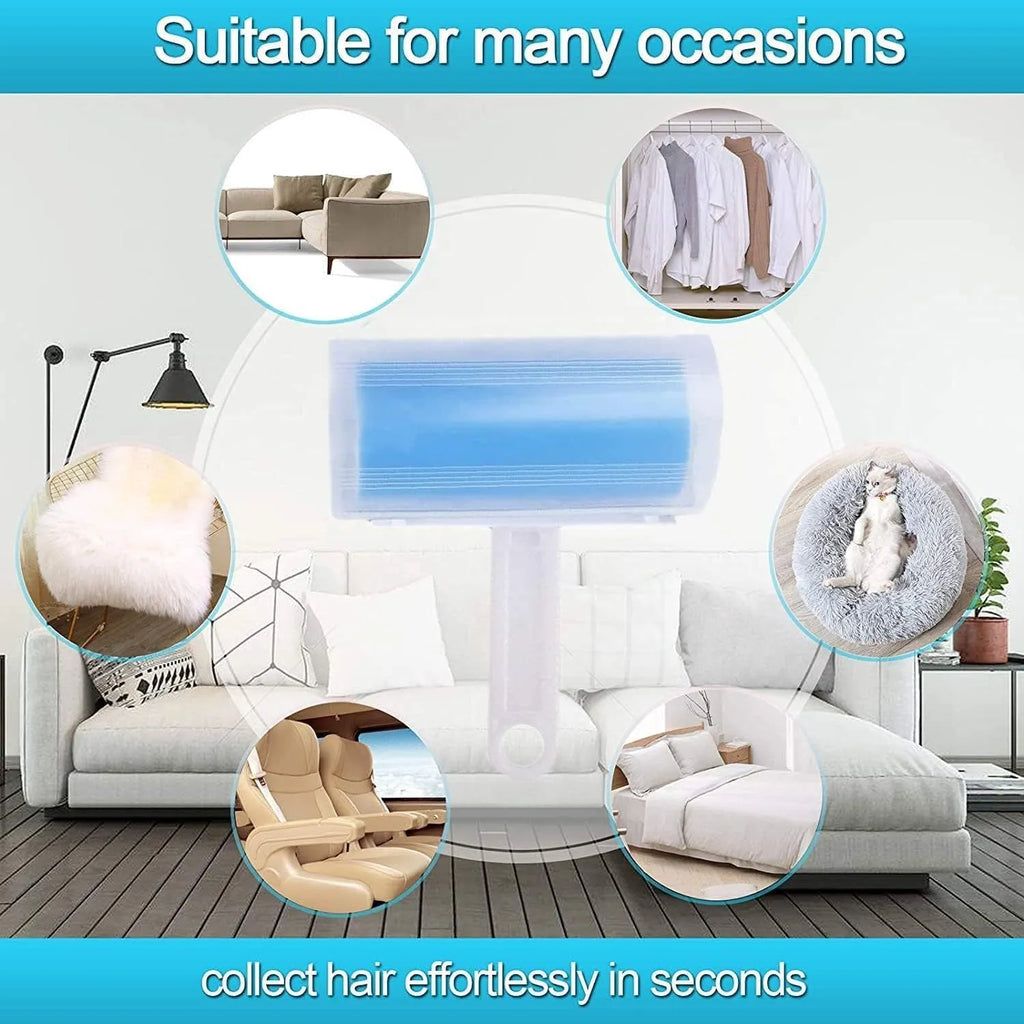 Blue washable reusable lint roller with cover for removing pet hair from clothes.