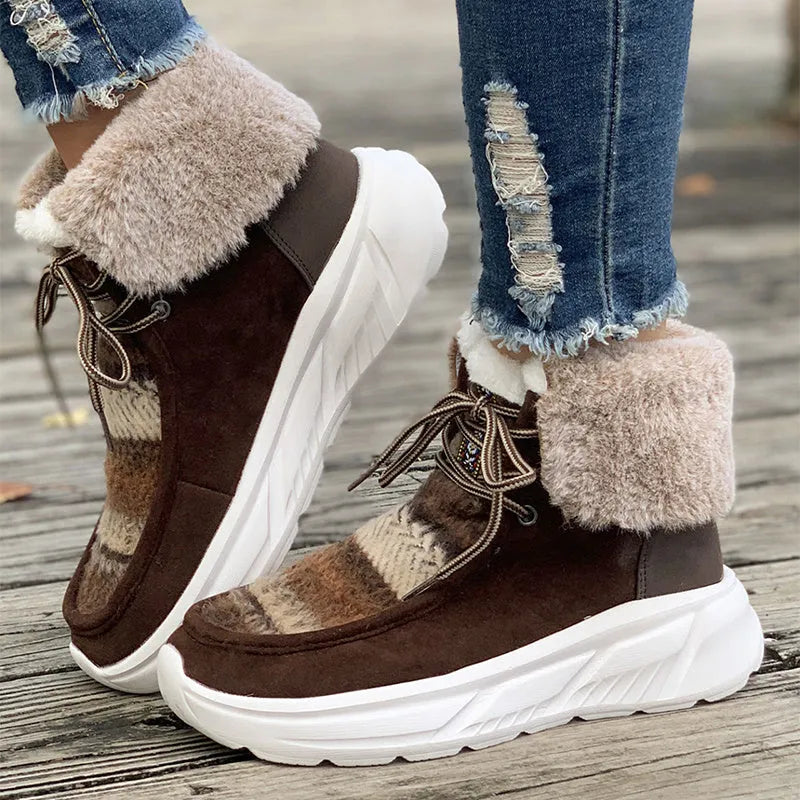 Women's beige lace-up snow boots with suede upper and platform sole