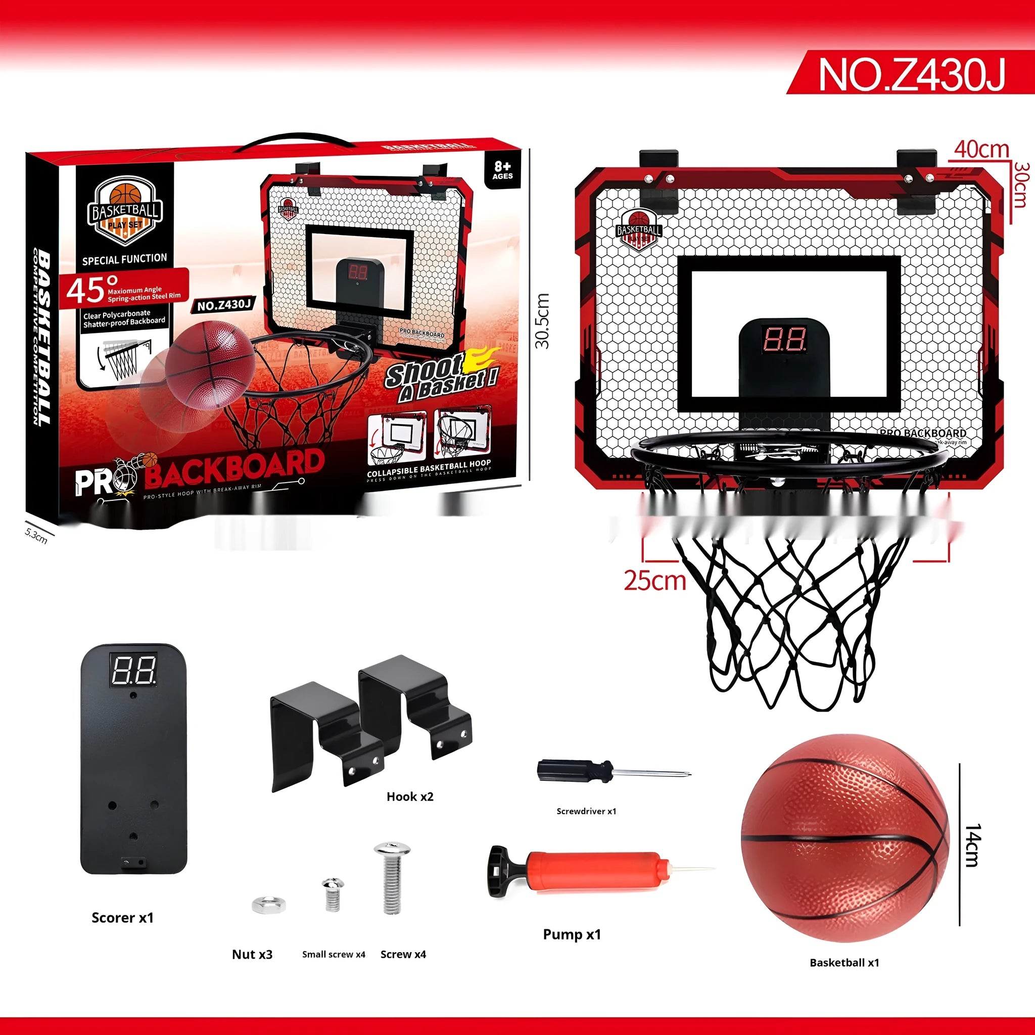 Red and blue folding basketball frame with scoring panels, suction cups, and iron hook