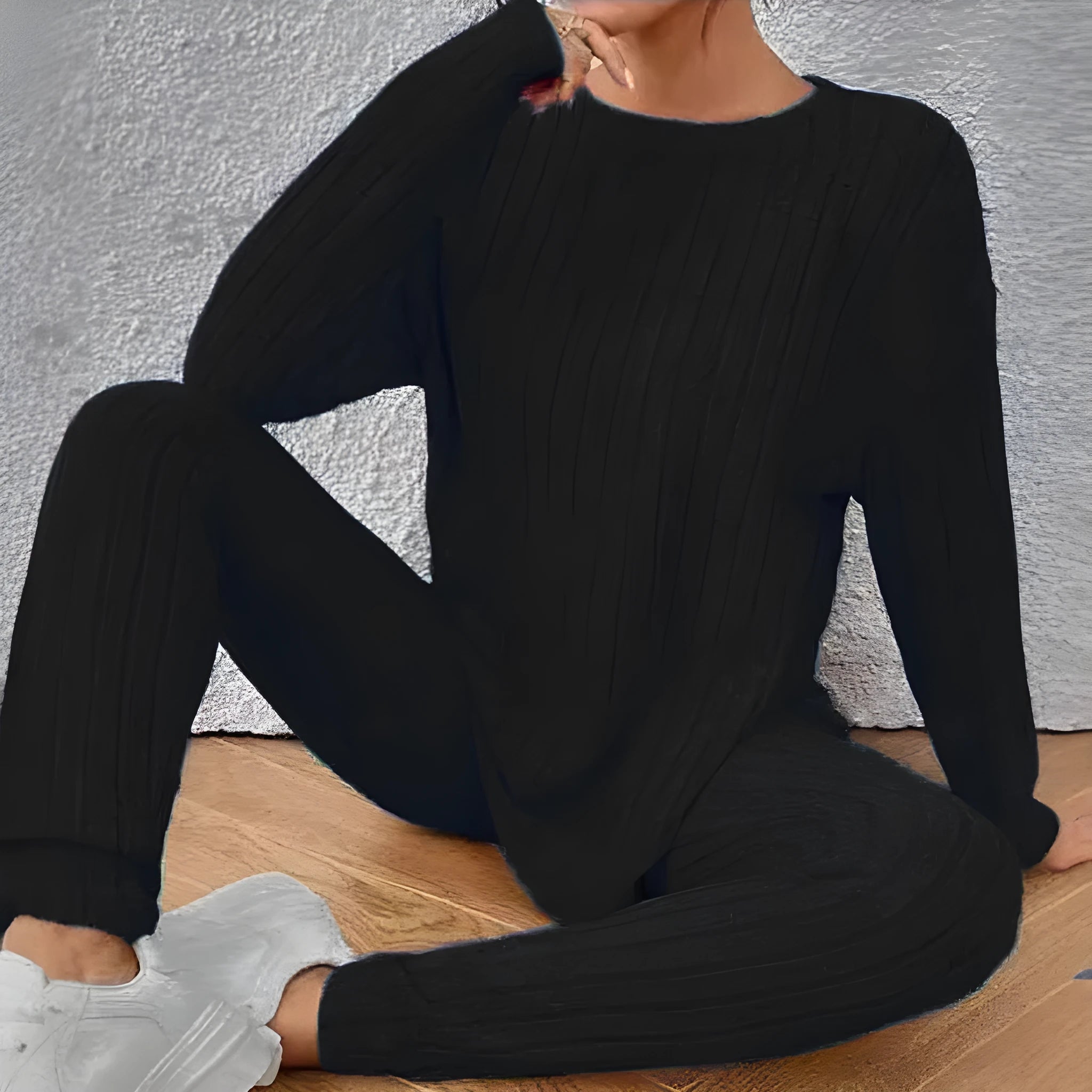 Black and blue sunken stripe two-piece homewear set with regular sleeve top and trousers