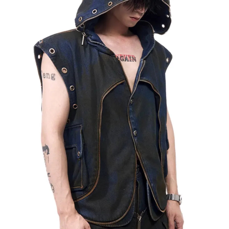 Blue Korean-style denim hooded vest coat with matching trousers laid flat.