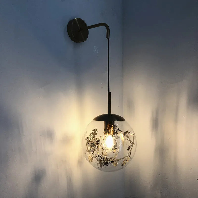 Modern glass wall mounted bedside lamp with LED light in golden flower finish