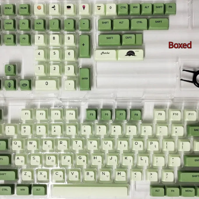 Matcha green PBT keycap set with 124 keys for mechanical keyboards, showing sublimation dye legends.