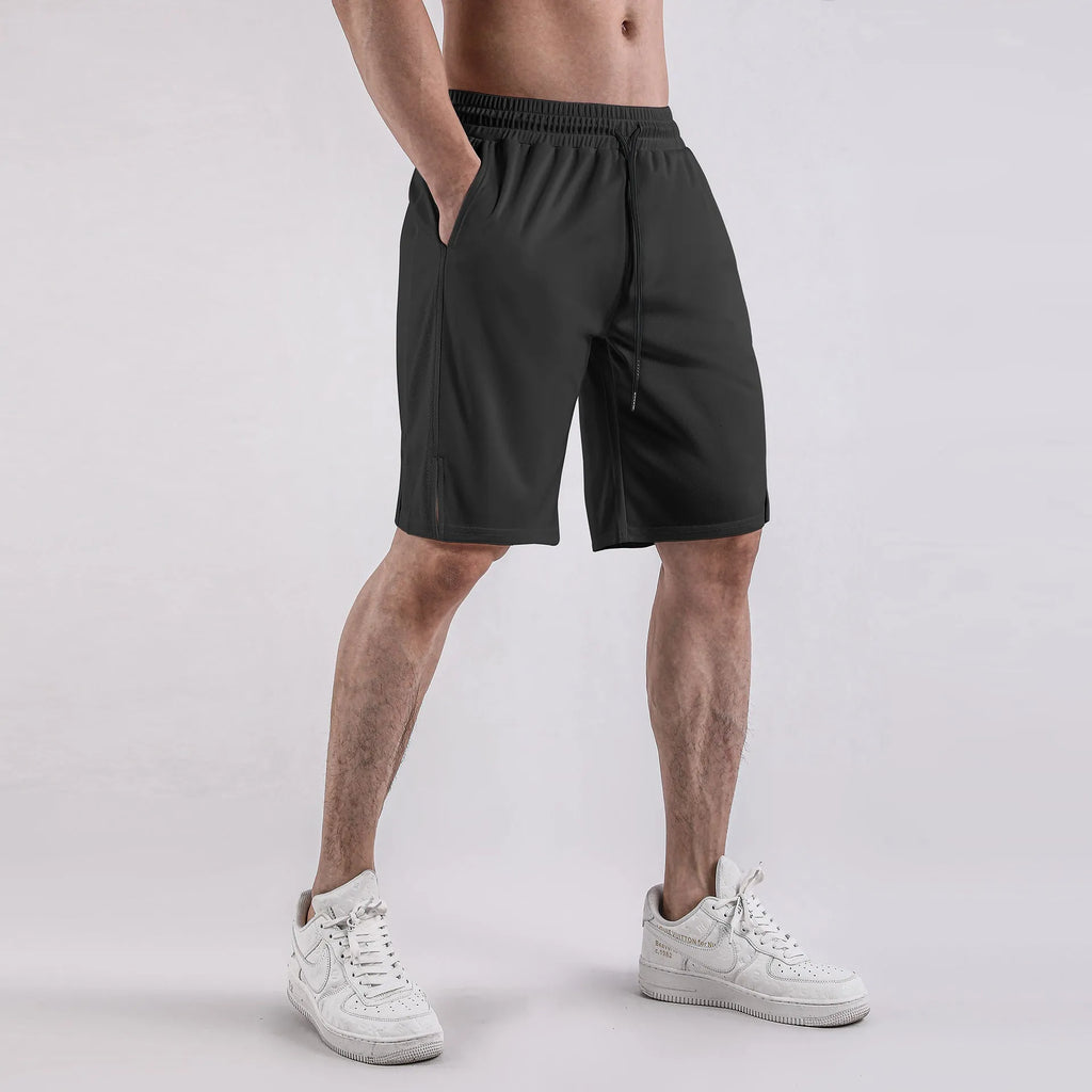 Men's black quick-drying mesh shorts with elastic waistband and loose fit for summer sports