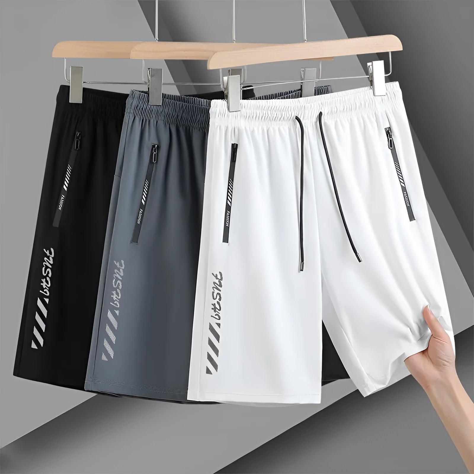 Men's quick-dry loose fit sports shorts in black grey white colours