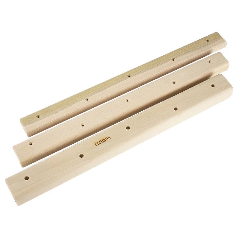 Set of three solid wooden grip training finger boards in 12cm, 40cm, and 50cm lengths.