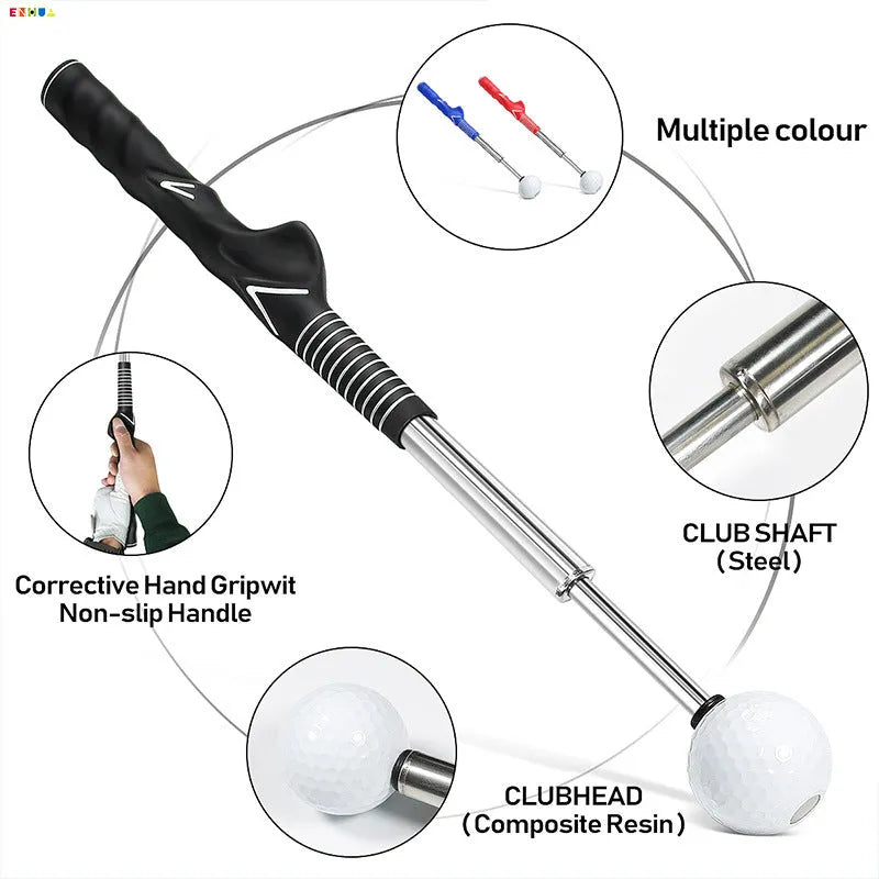 Stainless steel telescopic golf swing simulator trainer on a plain background