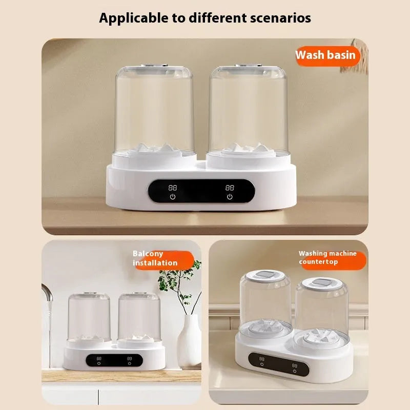 White double bucket mini underwear washing machine with USB cable and mechanical controls.